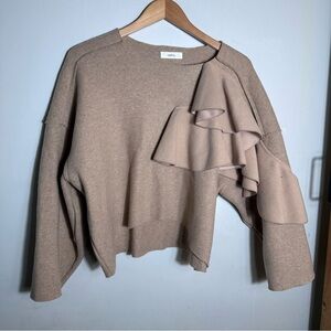 Tan Ruffle-Sleeve Crewneck Sweater